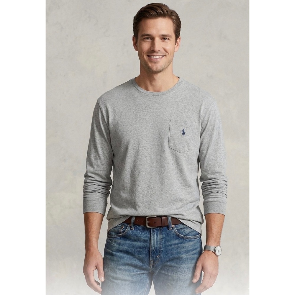 Polo Ralph Lauren Mens Gray Long Sleeve Pocket T-Shirt Size L Pony Logo